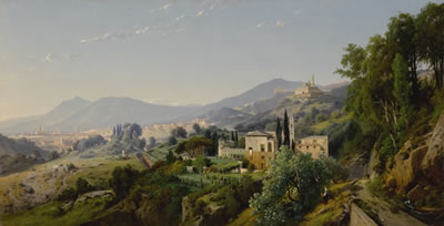 Louis Auguste Lapito : A VIEW OF GENOA FROM THE EAST WITH THE LANTERNA AND THE CHURCH OF SANTA MARIA ASSUNTA DI CARIGNANO IN THE DISTANCE AND THE SANTUARIO DI NOSTRA SIGNORA DEL MONTE TO THE RIGHT