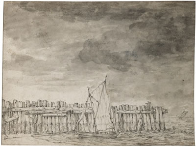 Jan Porcellis : RECTO: BOAT MOORED ON A BEACH BY A WOODEN PALISADE VERSO: STUDY OF TREES