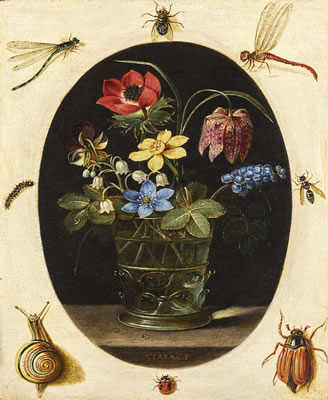 Clara Peeters : STILL LIFE WITH FLOWERS IN A GLASS VASE SURROUNDED BY INSECTS AND A SNAIL