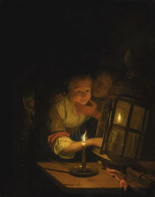 Godfried van Schalcken : LOVERS BY LANTERN-LIGHT OBSERVED