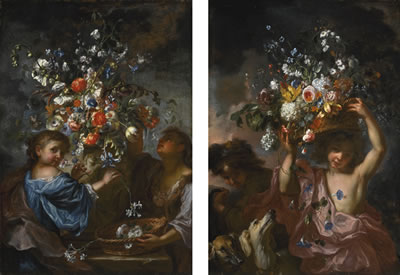 Karel Van Vogelaer : TWO ORNATE STILL LIFES: THE FORMER WITH TWO GIRLS LAYING OUT FLOWERS IN AN URN, THE FIGURES BY GIACINTO BRANDI; THE LATTER WITH A BOY HOLDING UP A BASKET OF FLOWERS BESIDE TWO DOGS, THE FIGURES BY GIOVAN BATTISTA GAULLI, CALLED BACICCIO (2)