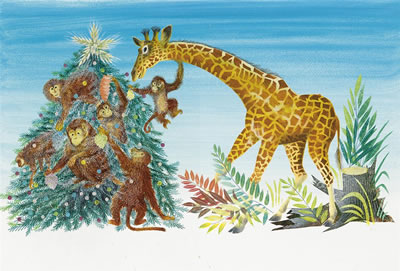 Leonard Weisgard : 'The monkeys put the ornaments on. And the giraffe laid, at the top, a star.' Double-page illustration for 'The Golden Christmas Tree'