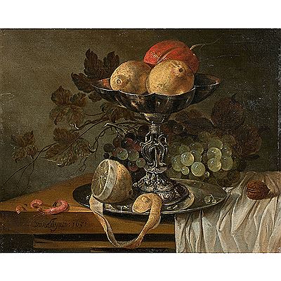 Isaac Duynen : Nature morte à la tazza, au citron et aux crevettes sur un entablement