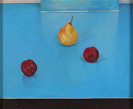 Jason Walker : Two plums, 1 pear on blue