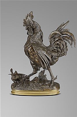 Alphonse Alexandre Arson : Group of a cockerel looking down at a sparrow